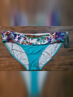 Lauren Ralph Lauren Turquoise Bikini Bottom with Floral Fold-Over Waistband